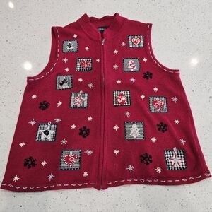 Vintage Erika Ugly Christmas Sweater Vest Size L Embellished Winter Holiday Red
